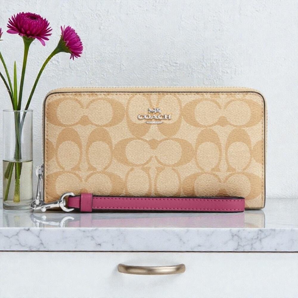 Coach Long Zip Around Wallet Signature Canvas Light Khaki Raspberry Pink C4452